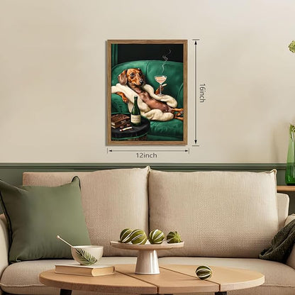 Framed Funny Dachshund Wall Art, Playful Dog Canvas Print with Martini and Cigar, Humorous Animal Poster, Abstract Dog Wall Decor for Living Room Bedroom, Gift for Pet Lovers 12x16 inch