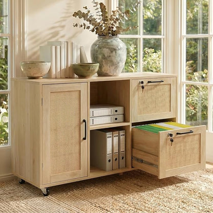 Lateral File Cabinets for Home Office, 2 Drawer and Doors Filing Cabinet with Lock, Wide Rattan Filing Organization Storage Cabinets with Printer Stand for Hanging Files/A4/F4 Size, Natural Wood