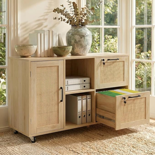 Lateral File Cabinets for Home Office, 2 Drawer and Doors Filing Cabinet with Lock, Wide Rattan Filing Organization Storage Cabinets with Printer Stand for Hanging Files/A4/F4 Size, Natural Wood