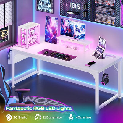 DurayLoly 47 x 24 inch Desk with RGB LED Lights & Power Outlets, Gaming Desk with Detachable Monitor Stand, 110LBS Load Capacity, Heavy Duty Small Computer Desk for Home Office, White