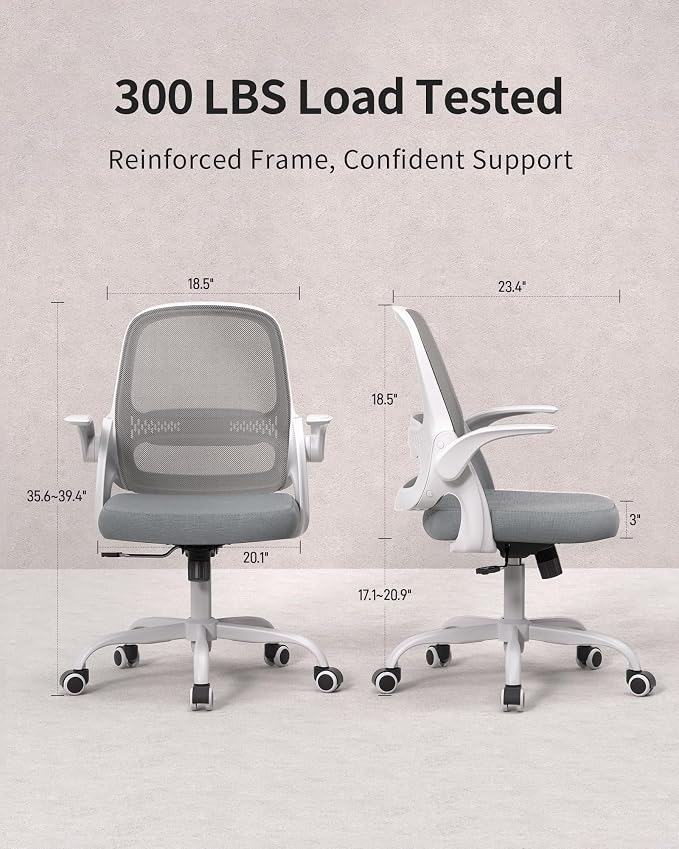 Ergonomic Mesh Office Chair with Flip-Up Arms, Adjustable Height, Breathable Mesh Back & Thick Cushion Seat, 360° Swivel Rolling Computer Desk Chair, BIFMA Certified, Supports 302 lbs（Gray）