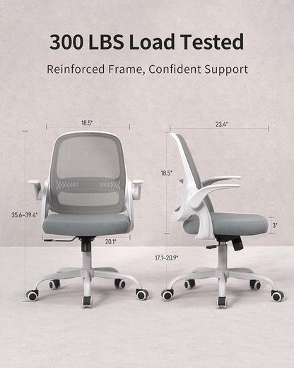 Ergonomic Mesh Office Chair with Flip-Up Arms, Adjustable Height, Breathable Mesh Back & Thick Cushion Seat, 360° Swivel Rolling Computer Desk Chair, BIFMA Certified, Supports 302 lbs（Gray）