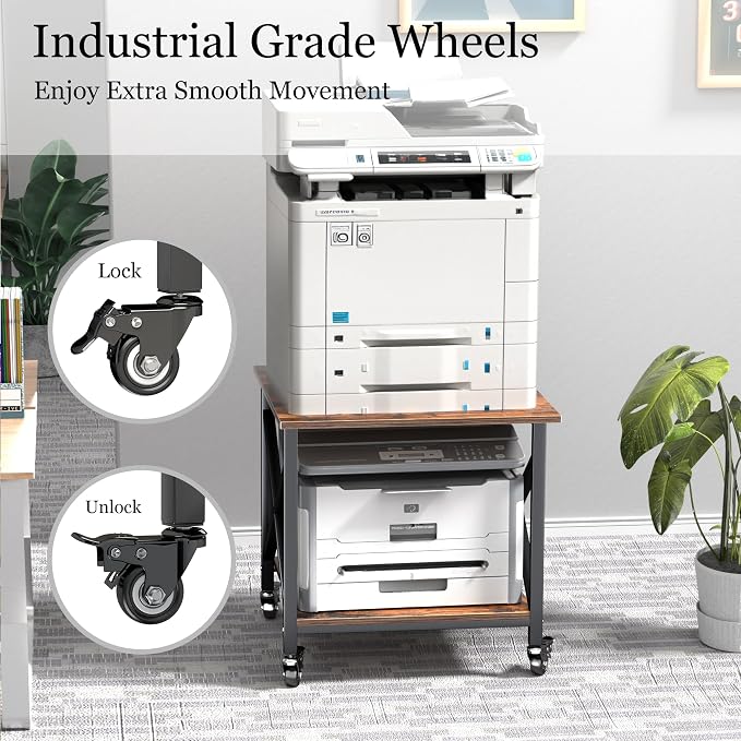 Printer Stand, 23.6 x 23.6 Inches Large Printer Stand with Storage Shelf, 2 Tier Printer Table for Home Office, Rolling Printer Cart with Industrial Wheels, Mini Fridge Stand Table, Vintage Brown