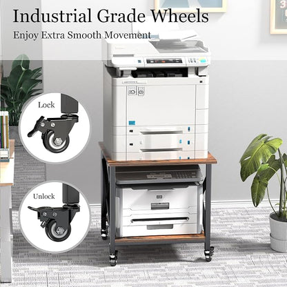 Printer Stand, 23.6 x 23.6 Inches Large Printer Stand with Storage Shelf, 2 Tier Printer Table for Home Office, Rolling Printer Cart with Industrial Wheels, Mini Fridge Stand Table, Vintage Brown