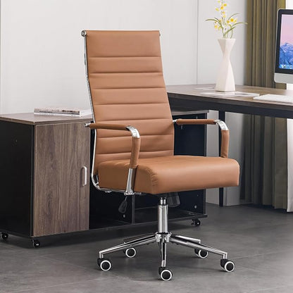 Office Desk Chair,Conference Room Chairs with Wheels and Arms, Modern PU Leather Ergonomic High Back Executive Ribbed Height Adjustable Swivel Chair for Home Office (Brown)