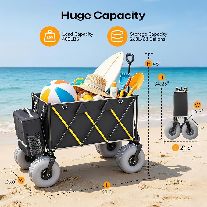 Premium 10.5" Balloon Wheels Beach Wagon - 450LBS Heavy Duty Sand Wagon, Foldable All Terrain Collapsible Utility Wagon with Removable Cooler Bag, Easy Roll for Soft Sand Family Camping-Black