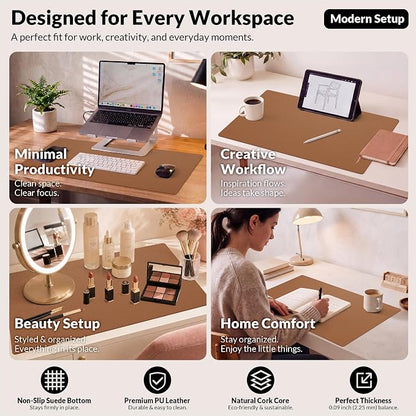 AFIING Leather Desk Mat, Brown, 31.5" x 17", Cork Desk Pad Protector | Dual-Sided Cork & PU Leather Desk Pad, Waterproof, Non-Slip for Mouse, Writing, Office, Home & Study