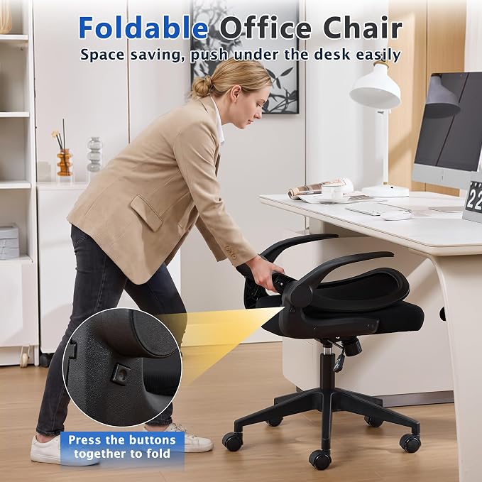 IPKIG Foldable Office Chair for Small Spaces | Home Office Folding Desk Chairs with Wheels and Flip Up Arms | Ergonomic Mesh Computer Chair for Adults & Kids(2PCS Black)