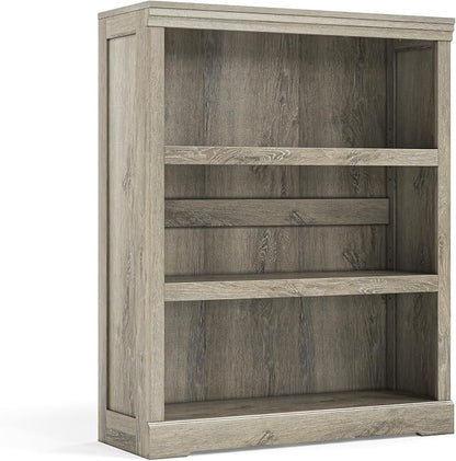 LINSY HOME 3-Tier Bookshelf, Small Wood Display Storage Shelves Farmhouse Bookshelf for Home Office, Living Room, Bed Room - Washed Grey