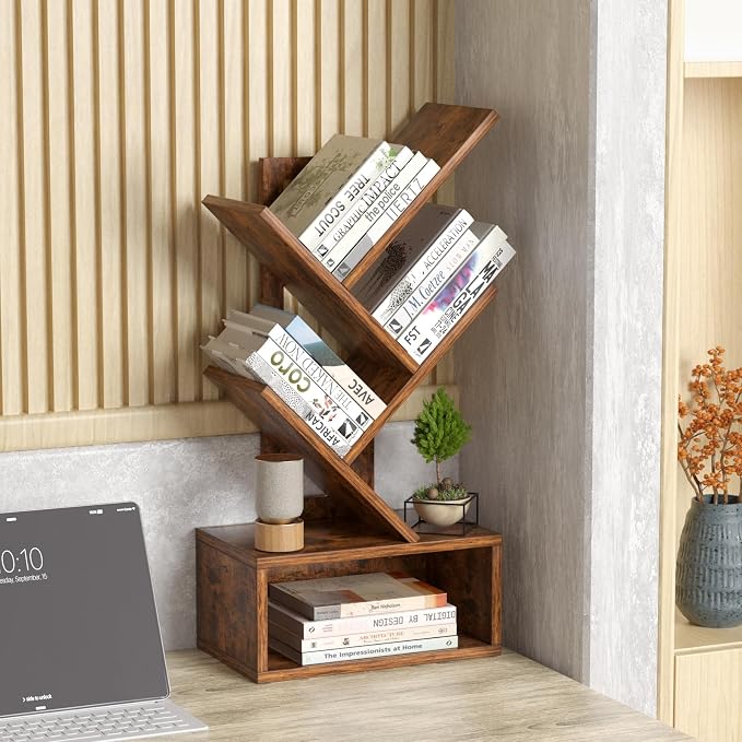SHEEPAM Small Tree Book Shelf,5 Tier Black Tree Bookshelf,Brown Desktop Bookcase,Modern Desk Display Storage Bookshelves,Floor Standing Organizer Bookcases for Living Room,Bedroom,Office-White-Brown