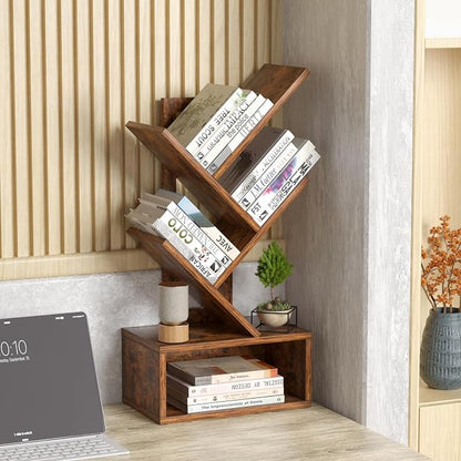 SHEEPAM Small Tree Book Shelf,5 Tier Black Tree Bookshelf,Brown Desktop Bookcase,Modern Desk Display Storage Bookshelves,Floor Standing Organizer Bookcases for Living Room,Bedroom,Office-White-Brown