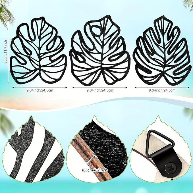 Palm Leaves Wood Wall Decor , 3Pcs Tropical Wall Art Jungle Decor, Wooden Natural Leaves Plant Wall Decor, Vintage Tropical Plant Plaque for Home Living Room Kitchen Bedroom Bathroom & Garden, Black