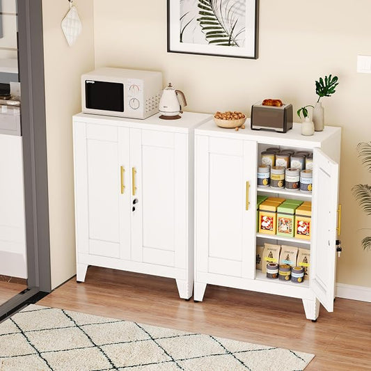 GAIOUS White Metal Pantry Cabinet with Lock(Two Units), Sideboard Buffet | Storage Cabient with Doors and 2 Adjustable Shelves, Multifunctional Kitchen Cupboard for Home Office, Buffet Table
