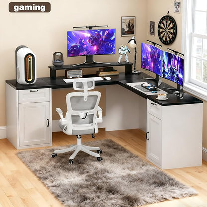 HUAHUU 78" Farmhouse L Shaped Executive Desk with Drawers, Modern Computer Desk with Power Outlets, Office Writing Desk with Monitor Stand & Storage Cabinet, Printer Shelf, Antique White