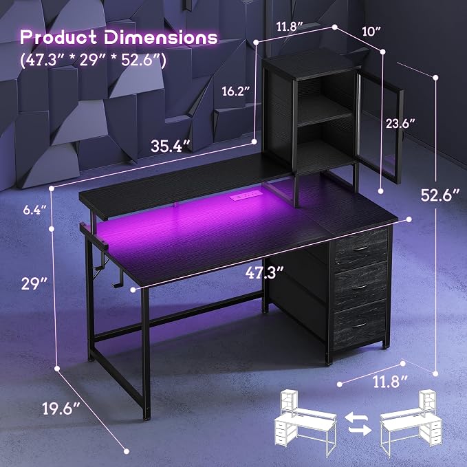 DurayLoly 47" Gaming Desk with Hutch and Cabinet to Display, Gaming Table with 3 Drawers for Small Space Storage, 2 AC Power Outlets and RGB Light, Monitor Stand for Student Bedroom