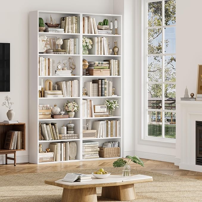 FACBOTALL 82" Tall Bookshelf Set of 2, 7-Tier Double Open Shelves Bookcase,Freestanding Display Storage Shelves, Tall Bookcase Home Decor Furniture for Home Office,Living Room,Bedroom, White