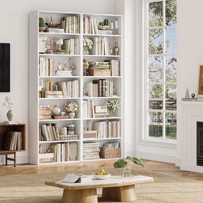 FACBOTALL 82" Tall Bookshelf Set of 2, 7-Tier Double Open Shelves Bookcase,Freestanding Display Storage Shelves, Tall Bookcase Home Decor Furniture for Home Office,Living Room,Bedroom, White