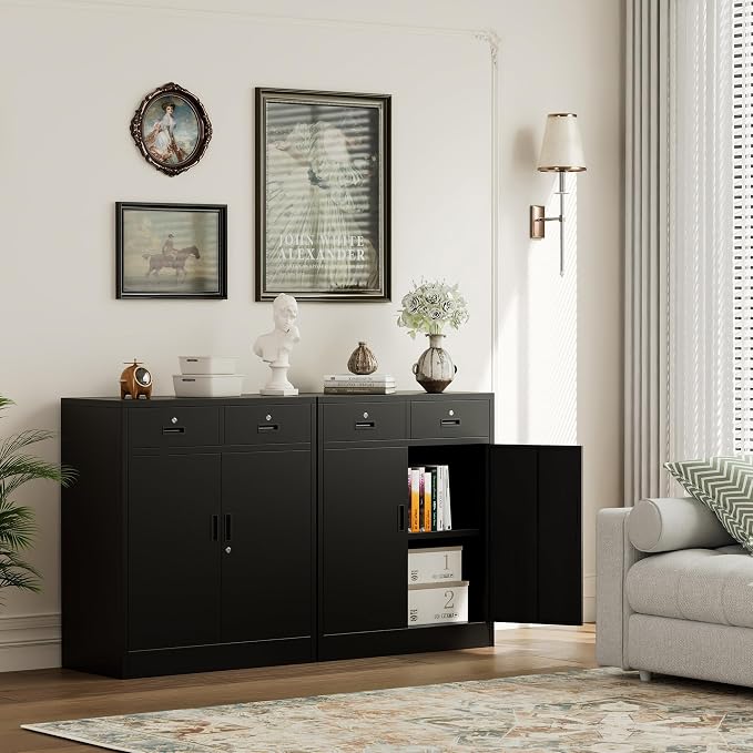 Metal Storage Cabinet, 36 Inch Tall Locking Cabinet with 2 Doors and 2 Drawers, Metal Cabinets with Adjustable Shelf, Garage Cabinets for Garage, Warehouse, Classroom, Home Office, Black