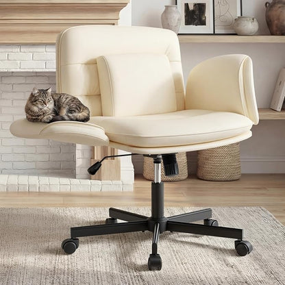 Furmax Vanity Chair with Adjustable Armrests, Comfortable Oversized PU Leather Criss Cross Chair with Wheels, Wide Office Desk Chair for Home, Make Up, Bed Room (Beige)