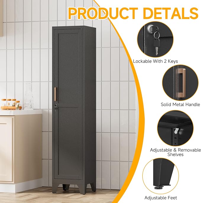 67"H Black Metal Locker with 1 Lockable Door and 4 Adjustable Shelves For Employees, 5 Tier Small Storage Cabinet with Detachable Legs and Vintage Handle for Kitchen,Office,Gym,School,Easy Assembly