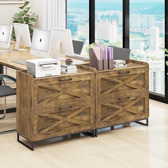 Halitaa File Cabinet 2 Drawers Lateral File Cabinet with Charging Station for Letter/Legal/A4 Size Hanging Files, Large Wood File Storage Cabinets Printer Stand for Home Office, Brown