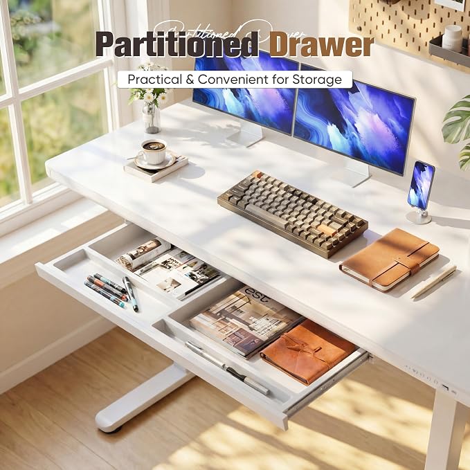 YESHOMY Electric Standing Desk with Tempered Glass Top, 47.2" Height Adjustable Desk with Partitioned Drawer & USB/Type-C Ports, Sit Stand Desk for Home Office, White