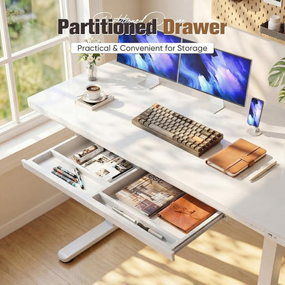 YESHOMY Electric Standing Desk with Tempered Glass Top, 55.1" Height Adjustable Desk with Partitioned Drawer & USB/Type-C Ports, Sit Stand Desk for Home Office, White