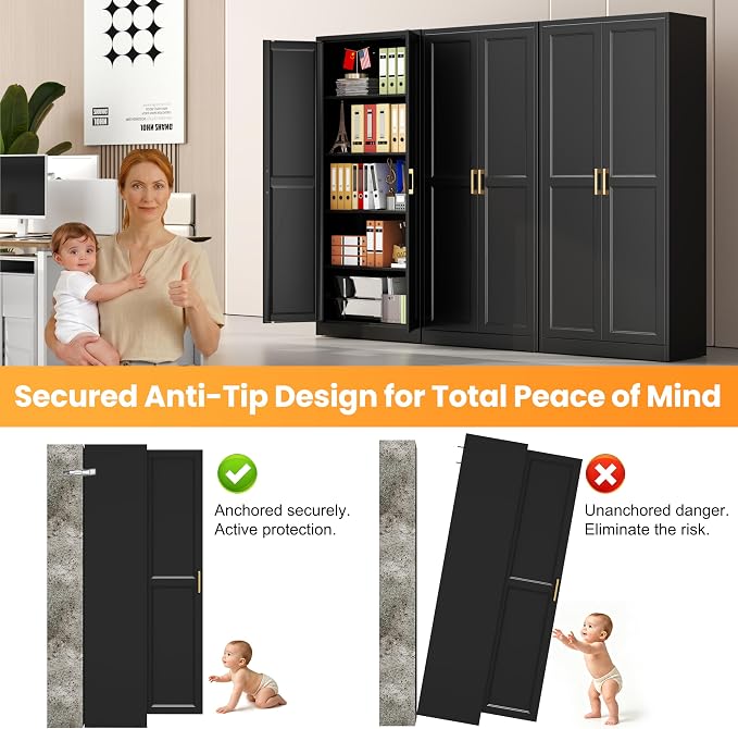 71" Metal Pantry Cabinet,Storage Cabinet with Doors and Shelves | Metal Storage Cabinet,Gold Handles,Adjustable Shelves,Magnetic Doors,Leveling Feet,Anti-tipping,for Kitchen/Garage Black