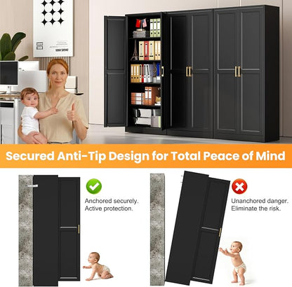 71" Metal Pantry Cabinet,Storage Cabinet with Doors and Shelves | Metal Storage Cabinet,Gold Handles,Adjustable Shelves,Magnetic Doors,Leveling Feet,Anti-tipping,for Kitchen/Garage Black