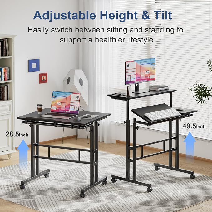 VECELO Mobile Small Standing Desk Adjustable Height, Computer Workstations with Tiltable Tabletop, Lockable Wheels, Portable Rolling Laptop Desk for Home Office, Black