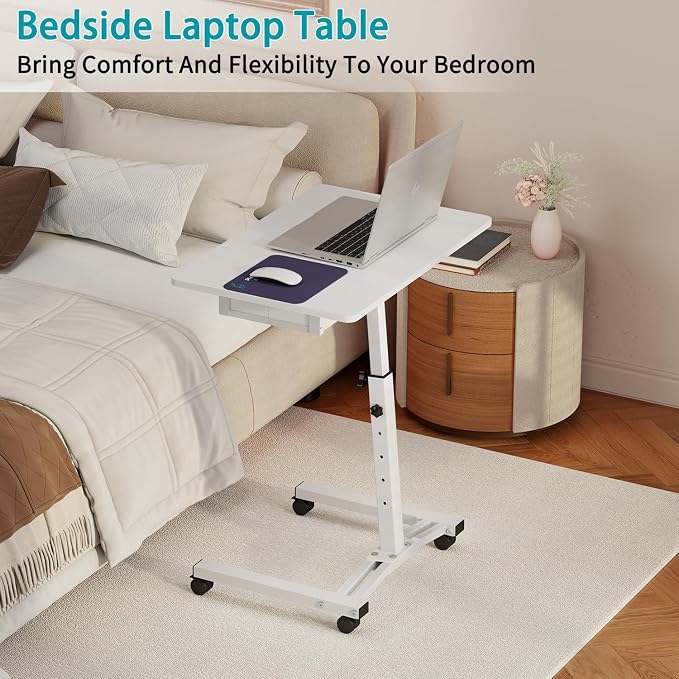 Rolling Adjustable Height Computer Desk With Drawers, Small Mobile Laptop Desk Cart On Wheels For Small Spaces Home Office, Portable Sitting Laptop Table For Bed Couch Load Up To 60LBS, Sturdy, White