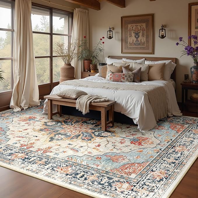 RELEANY Area Rugs 8'x10' Washable Non-Slip, Floral Vintage Distress Medallion Carpet for Living Room Bedroom Dining Room, Beige Navy Blue Orange Colorful