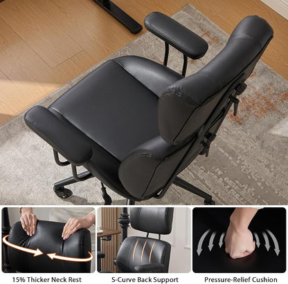 E-Motie Ergonomic Leather Office Chair, Computer Desk Chair, Black | Adjustable Headrest, 360° Swivel & Rolling Wheels, Lumbar Support, Padded Arms, High Back, for Long Hours Sitting