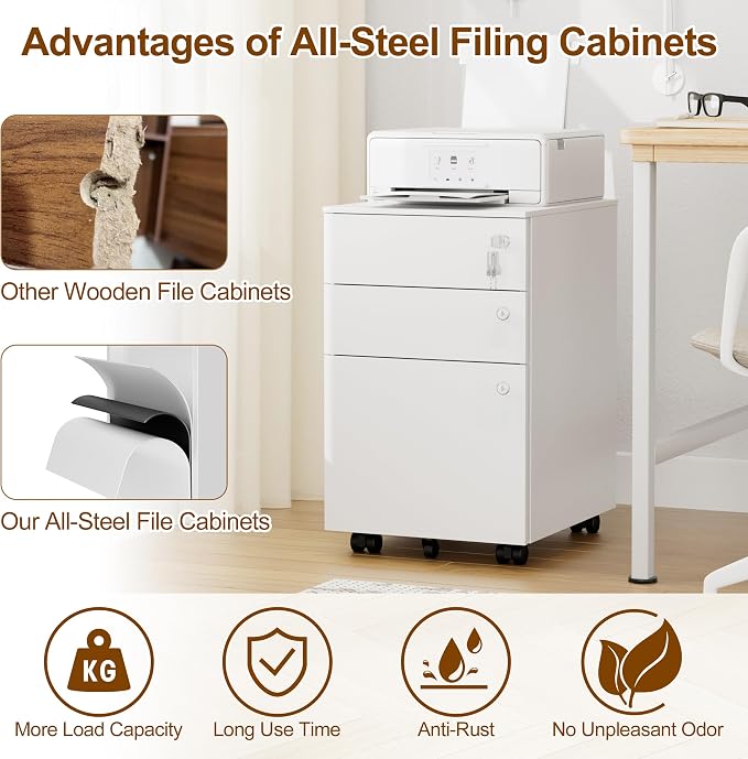 3 Drawers File Cabinet with 3 Lock, Mobile Metal Filing Cabinet, Fully Assembled Except Casters, for Home Office, for A4, Letter, Legal File Folders, White