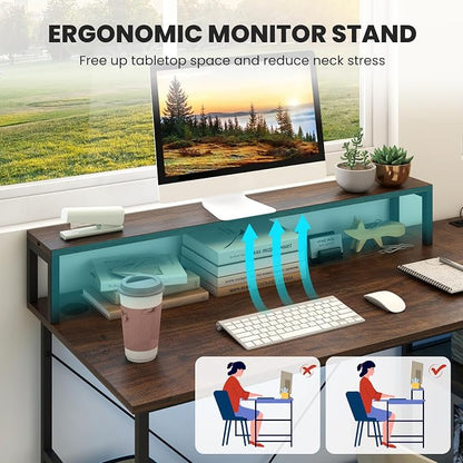 Tangkula 2-Person Reversible Computer Desk with LED Lights, 94.5” Long Office Desk with Power Outlets, Monitor Stand, Keyboard Tray & 2 Storage Shelves, Double Desk for Gaming Working Writing (Walnut)