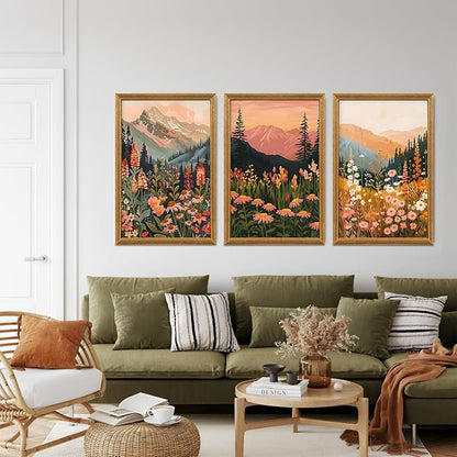 ICHZUMW Framed Boho Abstract Landscape Mountain and Floral Canvas Wall Art Set of 3, Colorful Nature Botanical Paintings Artwork, Large Wildflower Wall Decor for Living Room Bedroom Office, 16x24in