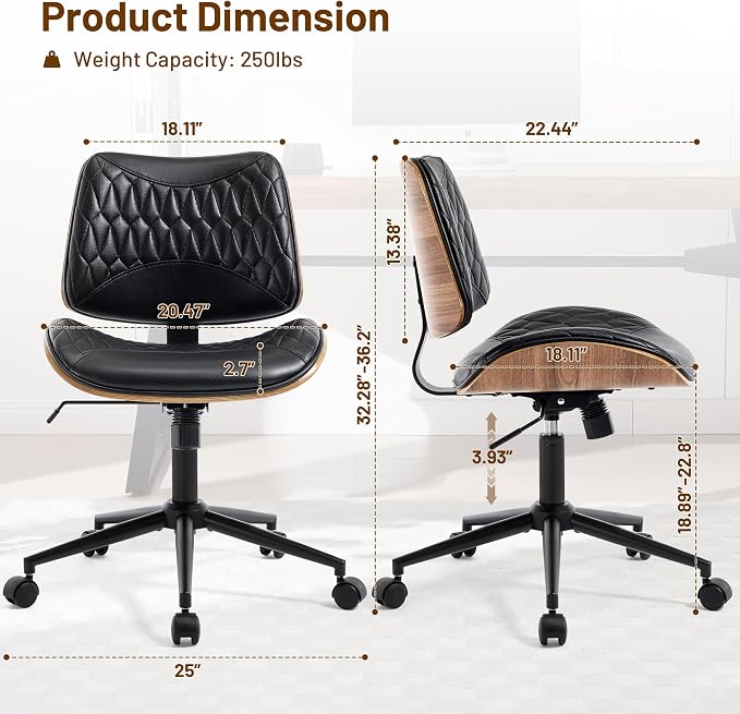 Walnut Bentwood Mid Back Armless Office Chair 1 Pack, Adjustable Height PU Leather Swivel Desk Chair with Wheels, Rolling Computer Task Chair for Home Office, Study, Meeting Room