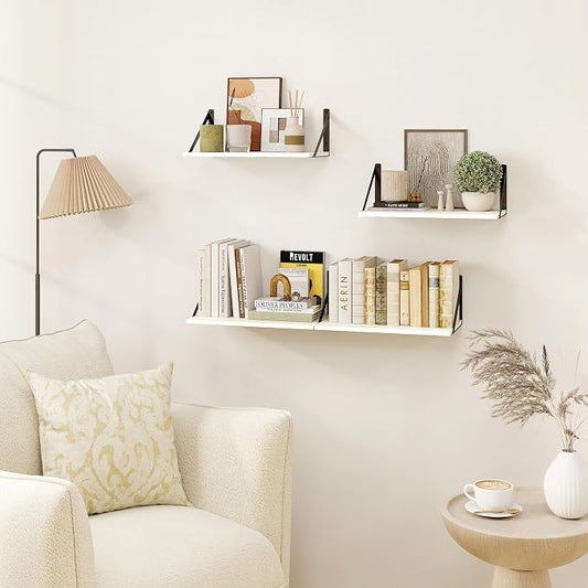 Heimlove White Deep Floating Shelves for Wall, 16W x 8D Wood Wall Shelves Set of 2, Wide Floating Bookshelf for Living Room, Kitchen, Office, Bedroom and Decor Storage, with Black Bracket - White