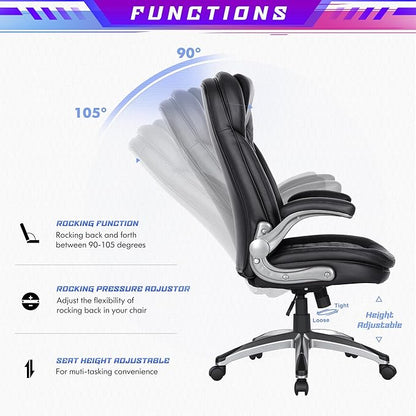 COLAMY High Back Executive Office Chair (Set of 2), Ergonomic PU Leather Desk Chairs with Flip-Up Arms and Upgraded Swivel Casters, Comfortable Computer Chairs for Home Office – Black