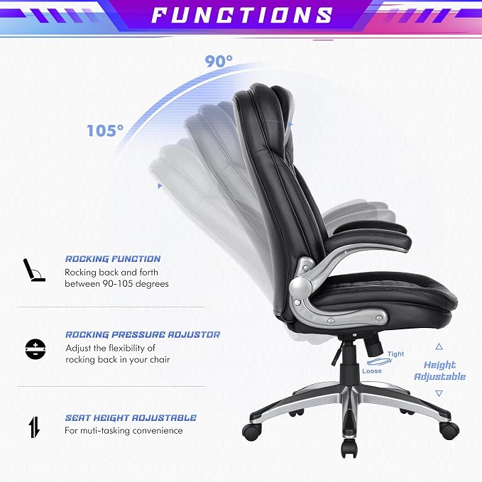Ergonomic Executive Office Chair, High Back Leather Desk Chair with Flip-up Arms and Adjustable Height, Swivel Rolling Computer Chair with Heavy Duty Metal Base,300lbs,Black for Home Office or Study