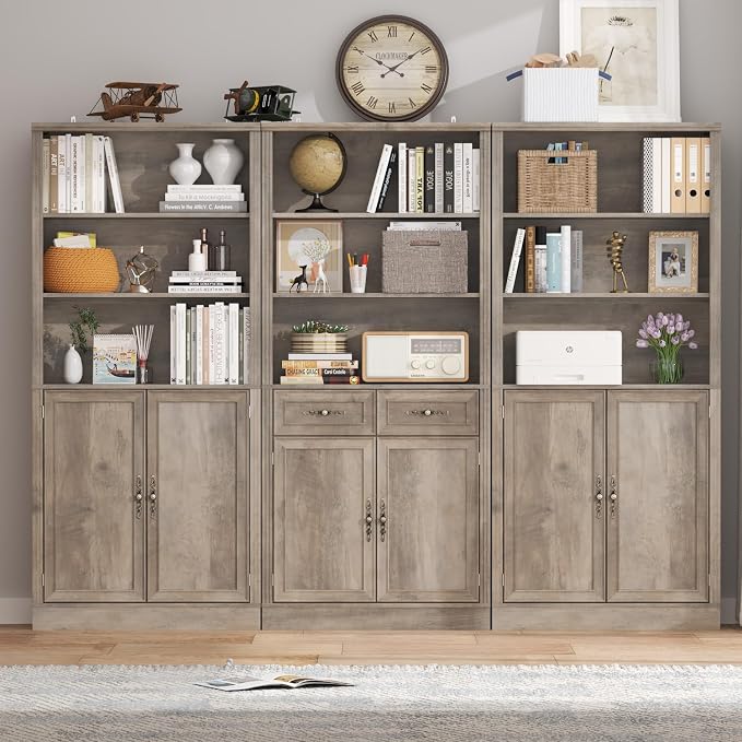 Thacuok 72'' Tall Bookcase with Doors and Drawers, Adjustable Shelves, P2 MDF Construction, 32'' Wide Freestanding Cabinet with Metal Handles, Hidden Storage for Living Room, Bedroom
