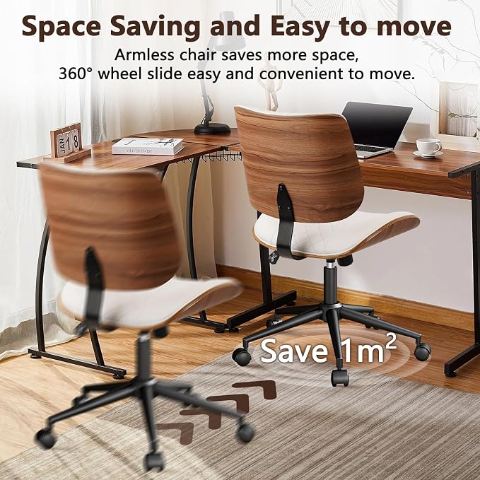 CLATINA Armless Home Office Chair, Desk Chair with Wheels, Adjustable Height Reading Chairs, Leather Mid Back & Swivel Computer Chairs, Modern Walnut with Back for Study Meeting Room(White) 4Pack
