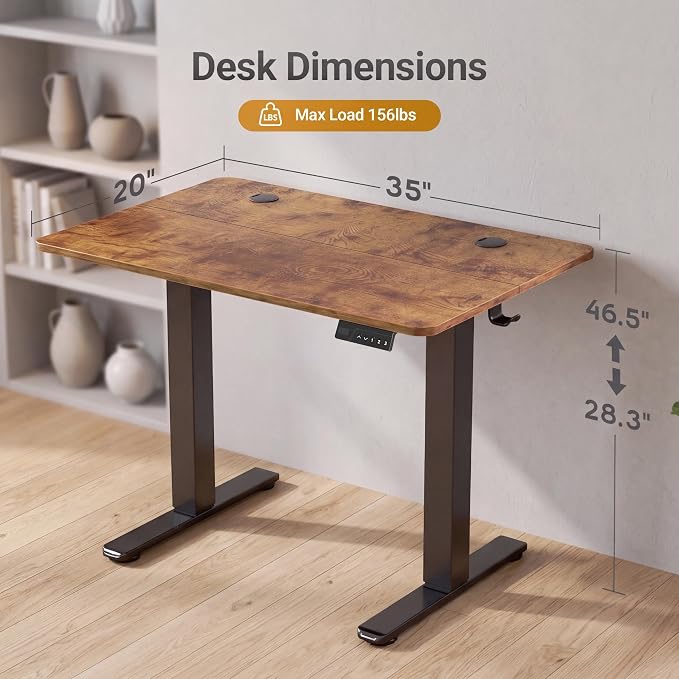 Claiks Electric Standing Desk, 35 x 20 Inch Small Height Adjustable Sit Stand Desk for Home Office, Computer Desk with Memory Presets, Cable Management&Headphone Hooks, 156 lbs Capacity, Rustic Brown