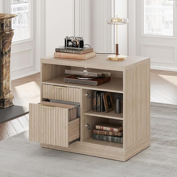 2 Drawer Fluted File Cabinet, 32'' Lateral File Cabinet with Lock and AC/USB for Letter/A4 Size, Wood Filing Cabinet with Storage Shelves for Home Office, Natural Walnut
