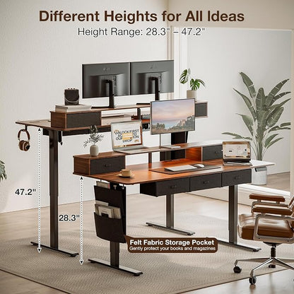 71x32″ Electric Standing Desk with 5 Drawers, Sit Stand Desk with Power Outlets, Monitor Shelf, RGB LED Lights and Cable Management, Height Adjustable 28.3"-47.2" for Home & Office, Walnut