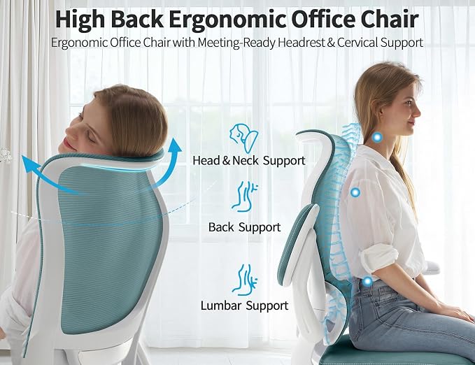 TRALT Ergonomic Office Chair - Desk Chair with Wave High Back Adjustable Lumbar Support Computer Chair - Gaming Chairs Mesh Backrest and PU Leather Seat (Sky Blue)