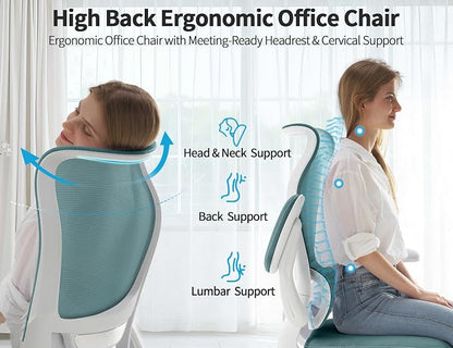 TRALT Ergonomic Office Chair - Desk Chair with Wave High Back Adjustable Lumbar Support Computer Chair - Gaming Chairs Mesh Backrest and PU Leather Seat (Sky Blue)
