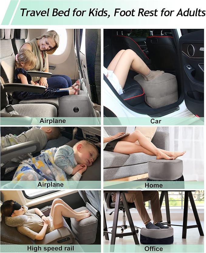 Inflatable Travel Foot Rest Pillow,Kids Airplane Bed,Adjustable Height Flight Pillow,Travel Essentials for Airplane,Office,Home,Trains,Cars