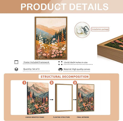 Floating Framed Boho Colorful Mountain Wall Art Set of 3, Vintage Wildflower Landscape Canvas Wall Decor Paintings, Nature Floral Forest Posters Pictures Prints for Living Room Bedroom 12x16 Inch
