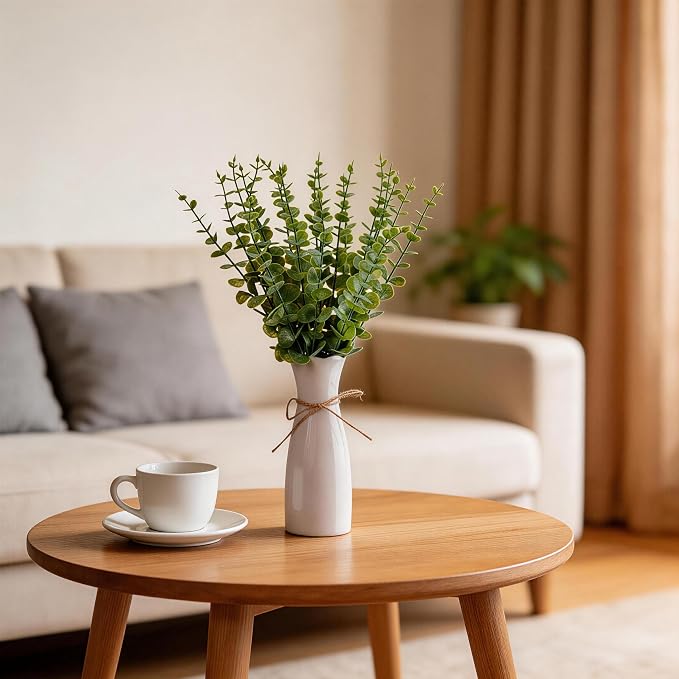 Artificial Eucalyptus Stems with White Vase,19 Inch Small Fake Plants Indoor,Faux Greenery Plant for Farmhouse Home Decor,Bathroom Living Room Kitchen Office Shelf Coffee Table Centerpiece
